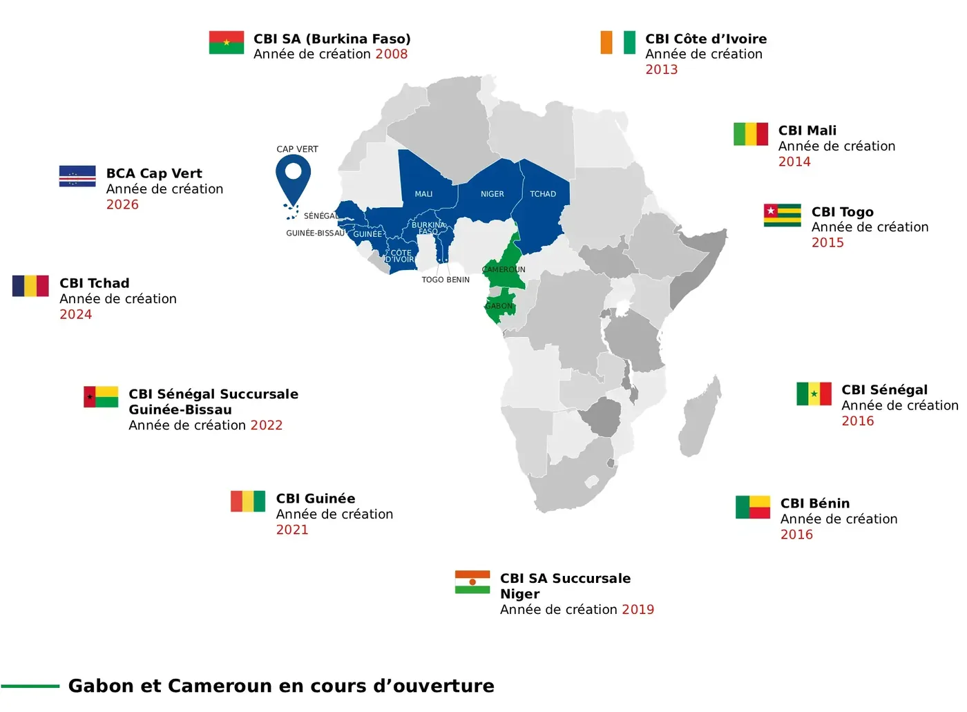 Carte de l'Afrique de l'Ouest et du Centre avec les zones de présence de Coris Bank International